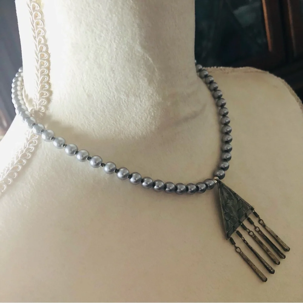 Handcrafted repurpose southwest etched steel pendant Czech glass Pearl necklace